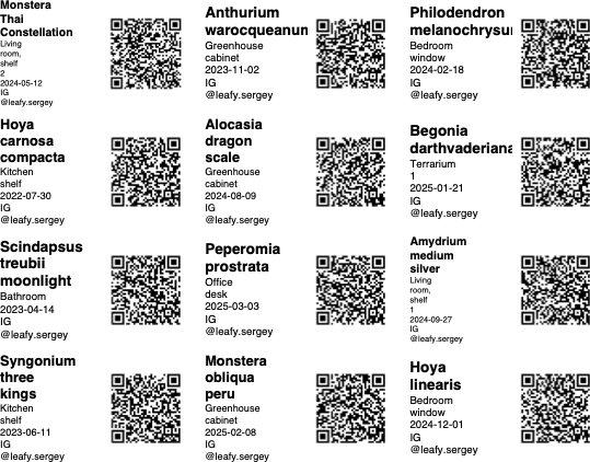 A printed sheet of plant labels, each with a QR code and the plant's name, date and location